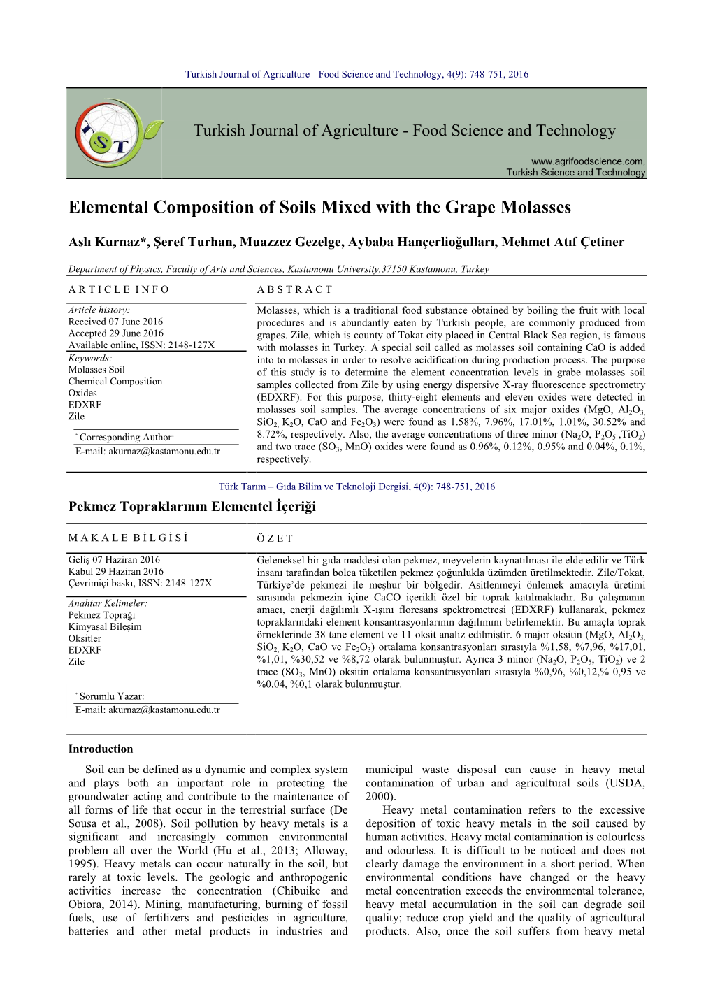 Elemental Composition of Soils Mixed with the Grape Molasses