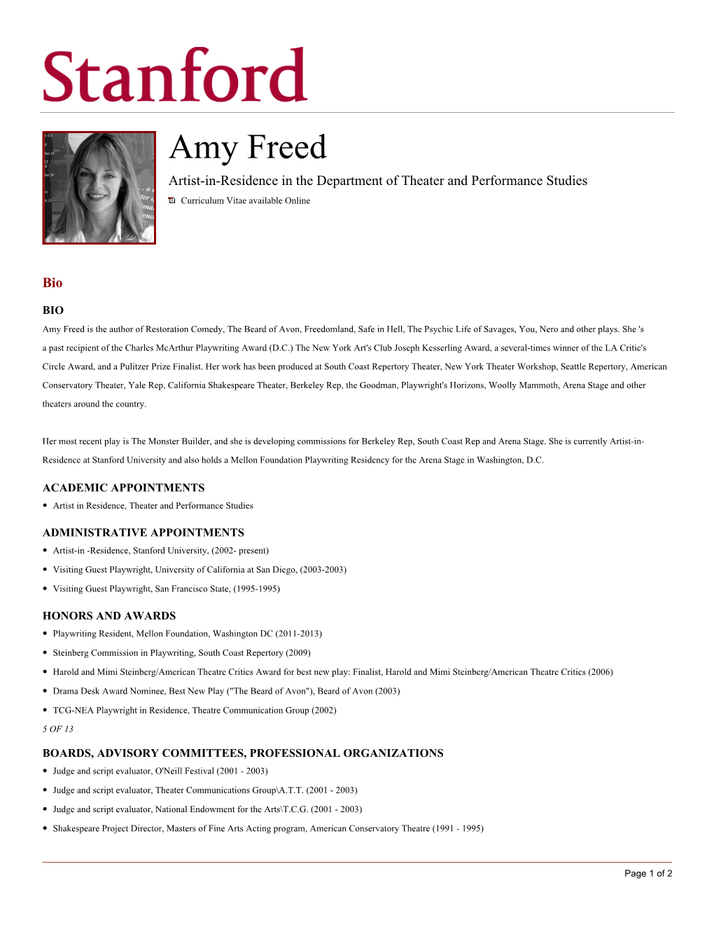 Amy Freed Artist-In-Residence in the Department of Theater and Performance Studies Curriculum Vitae Available Online