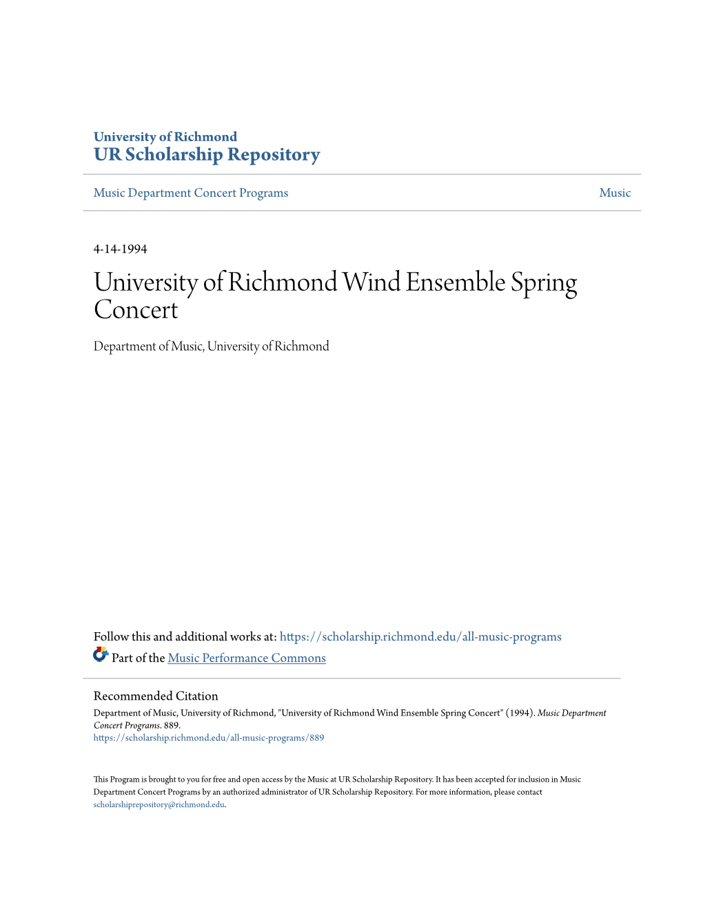 University of Richmond Wind Ensemble Spring Concert Department of Music, University of Richmond