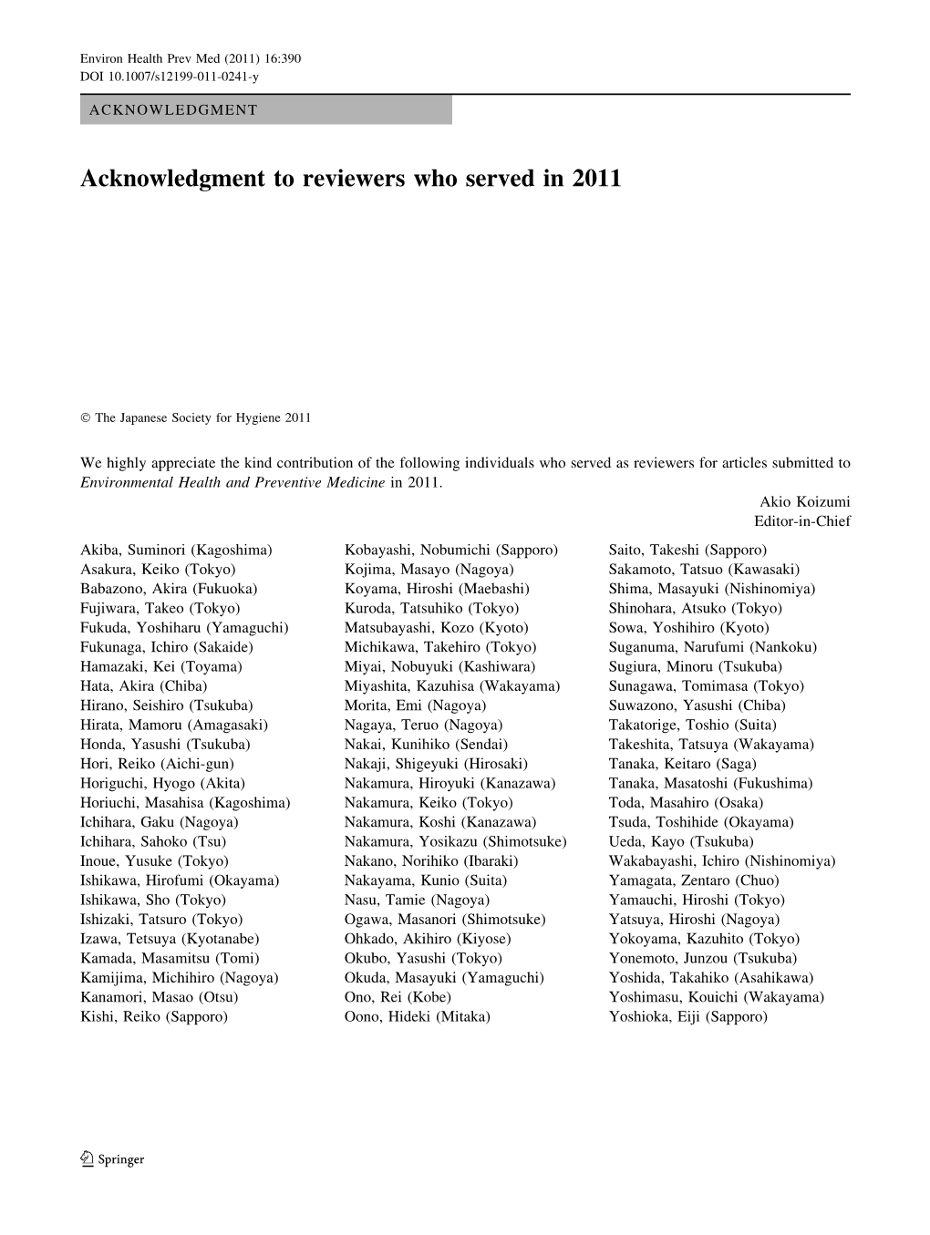 Acknowledgment to Reviewers Who Served in 2011