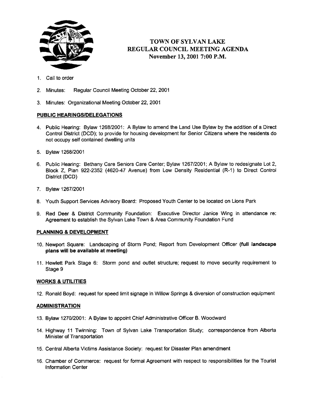 TOWN of SYLVAN LAKE REGULAR COUNCIL MEETING AGENDA November 13, 2001 7:00 P.M