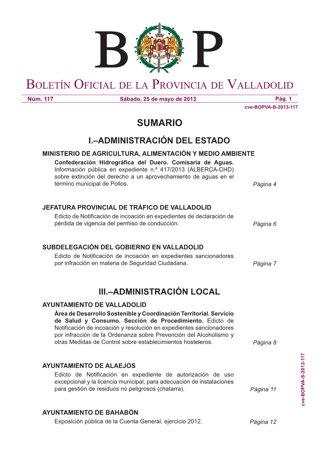 Boletín Oficial De La Provincia De Valladolid Sumario