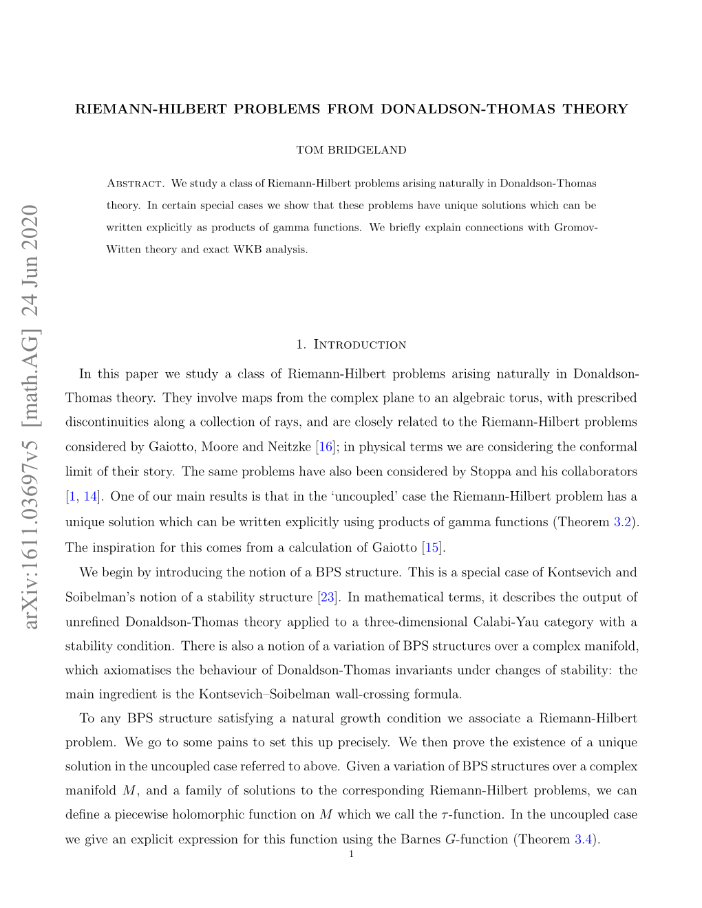 RIEMANN-HILBERT PROBLEMS from DONALDSON-THOMAS THEORY 3 Sections