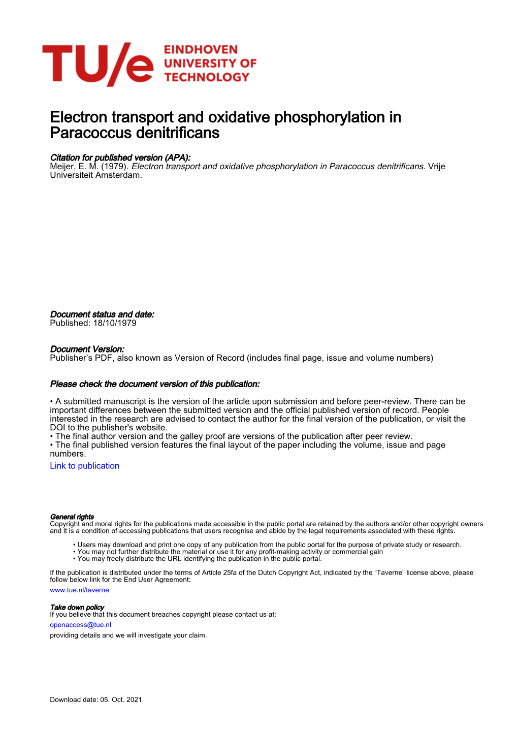 Electron Transport and Oxidative Phosphorylation in Paracoccus Denitrificans