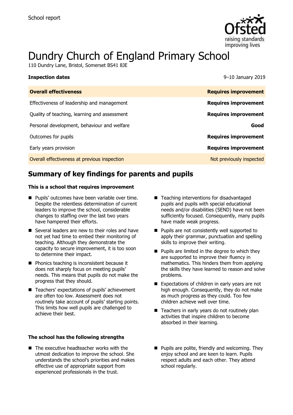 Dundry Church of England Primary School Ofsted Report Jan 2019