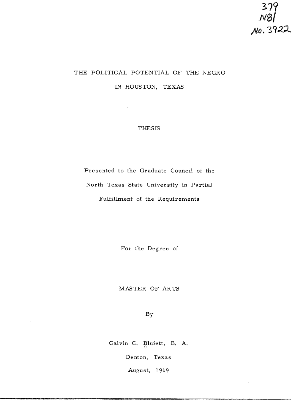 The Political Potential of the Negro in Houston, Texas