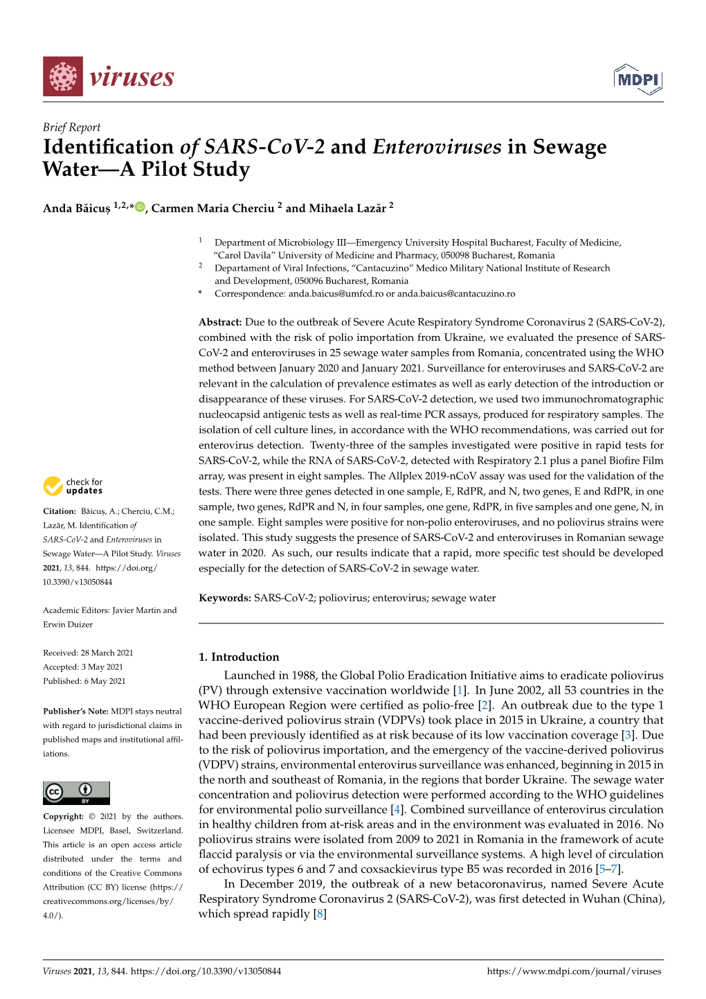 Identification of SARS-Cov-2 and Enteroviruses in Sewage Water—A