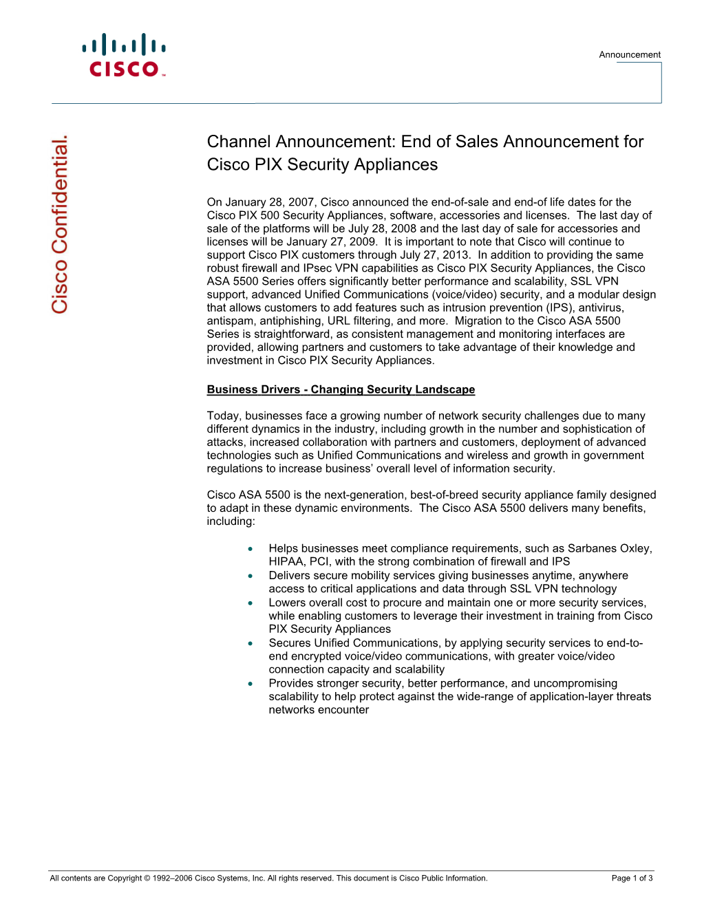 End of Sales Announcement for Cisco PIX Security Appliances