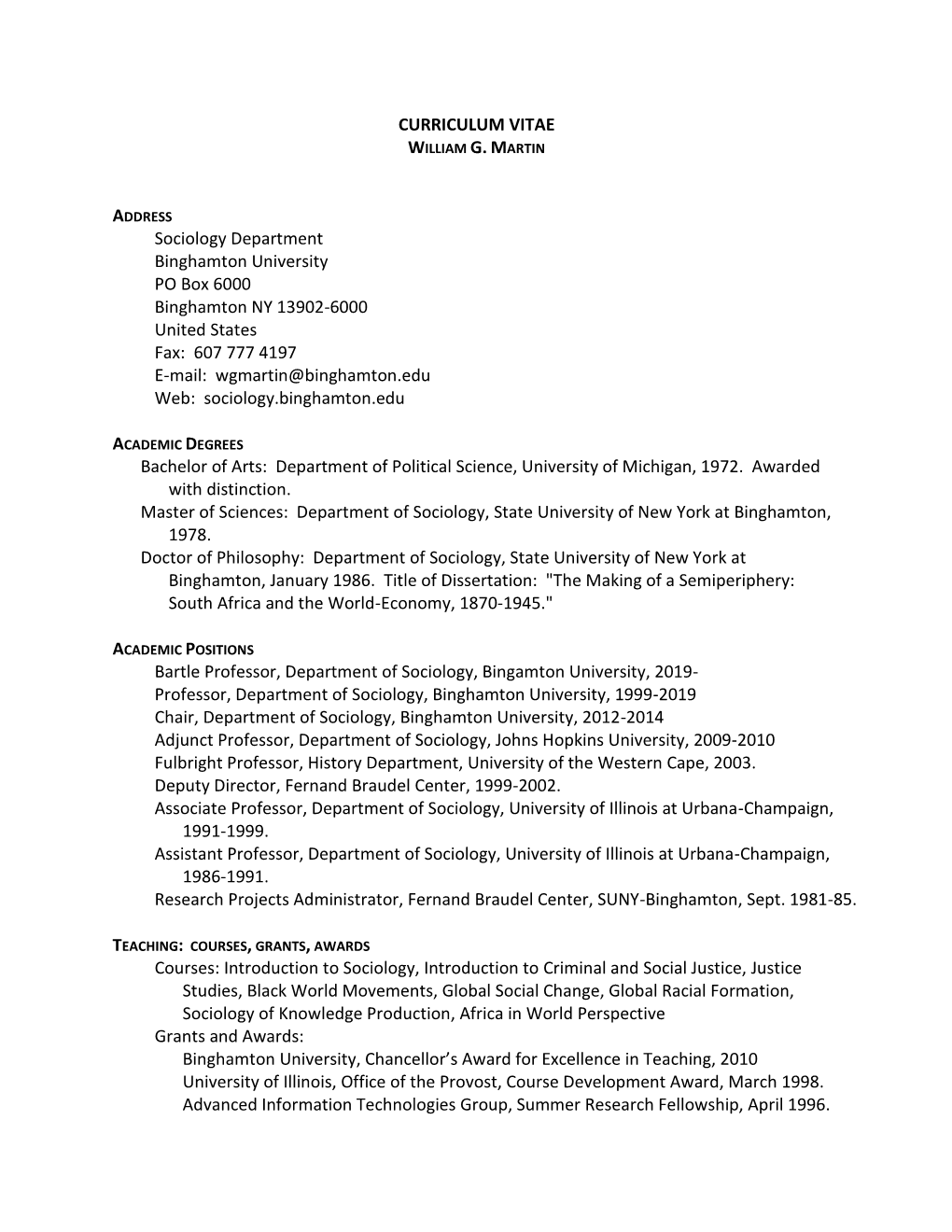 CURRICULUM VITAE Sociology Department Binghamton University