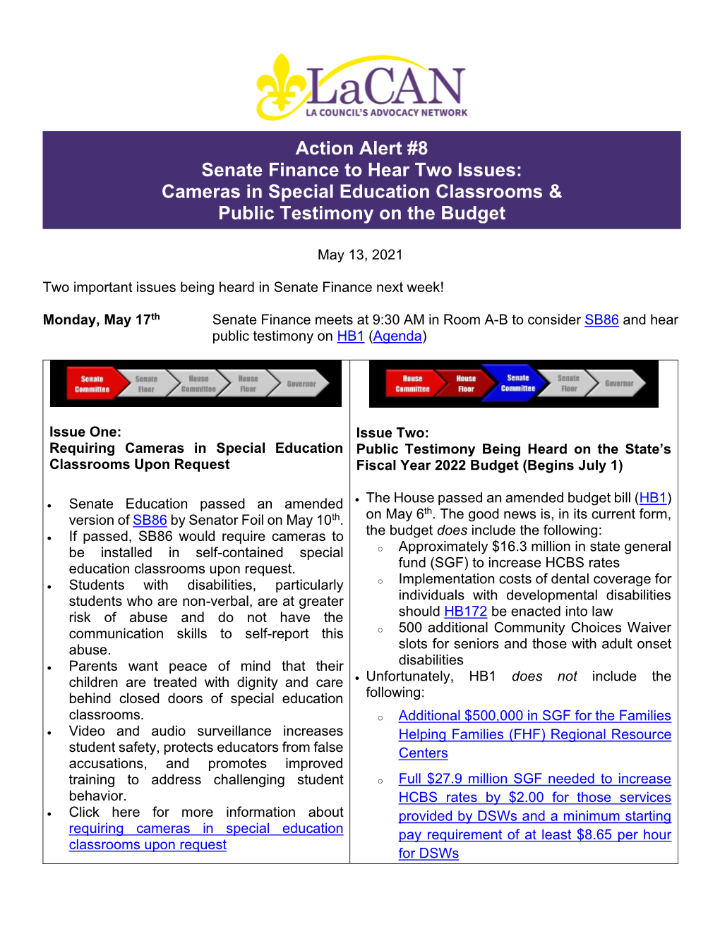 Action Alert #8 Senate Finance to Hear Two Issues: Cameras in Special Education Classrooms & Public Testimony on the Budget