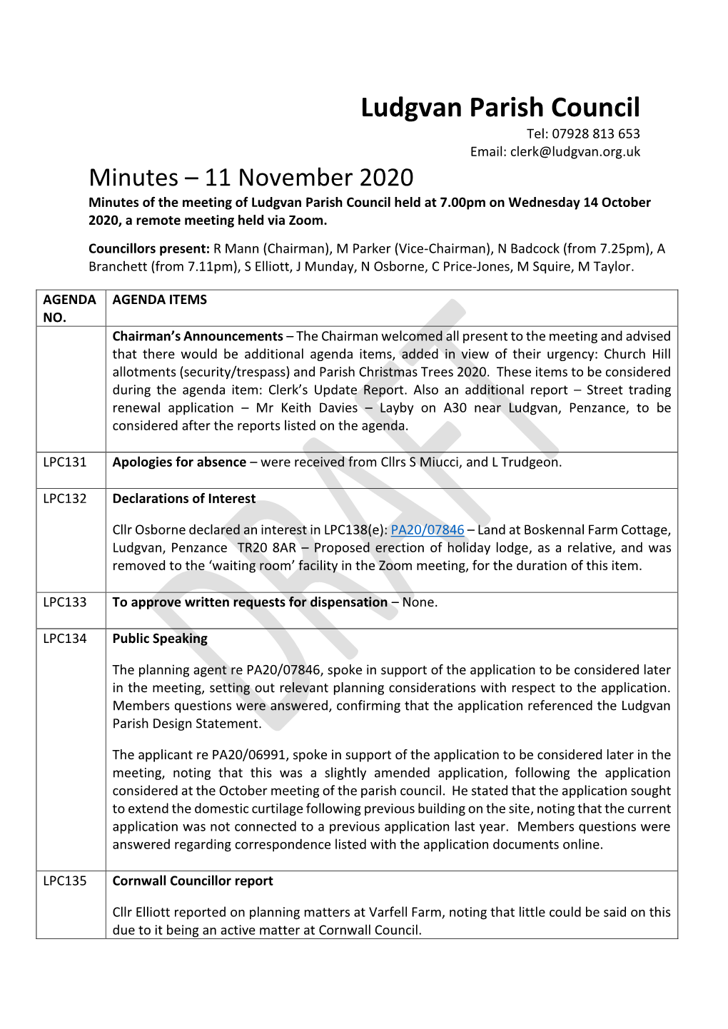 11 November 2020 Minutes of the Meeting of Ludgvan Parish Council Held at 7.00Pm on Wednesday 14 October 2020, a Remote Meeting Held Via Zoom