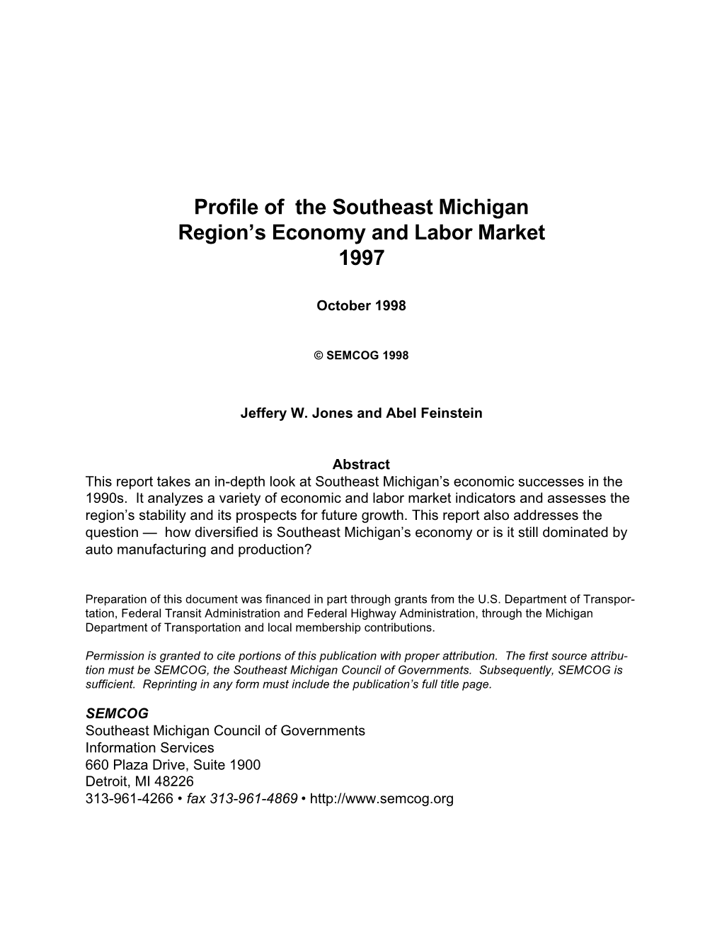 Profile of the Southeast Michigan Region's Economy and Labor