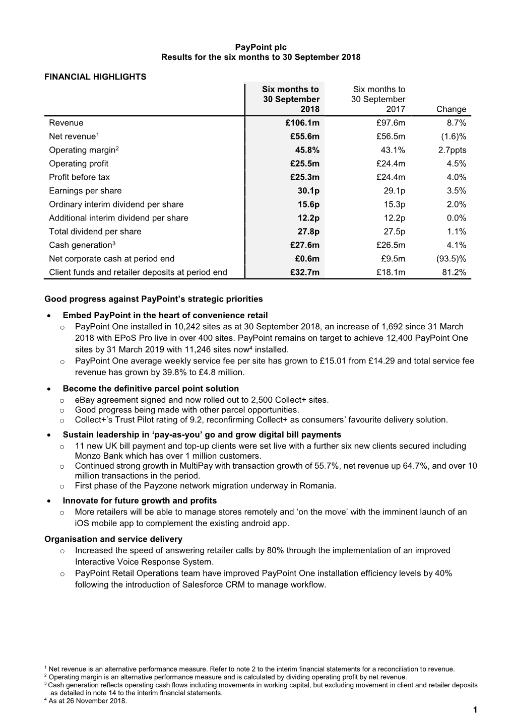 Paypoint Plc Results for the Six Months to 30 September 2018