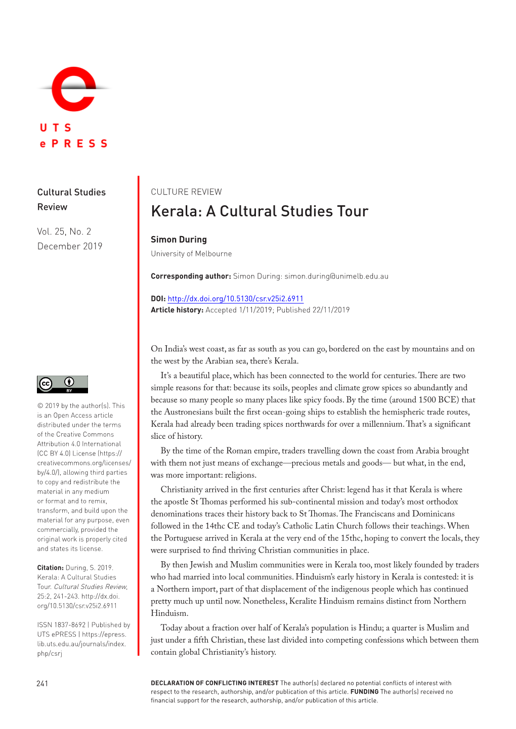 Kerala: a Cultural Studies Tour Vol