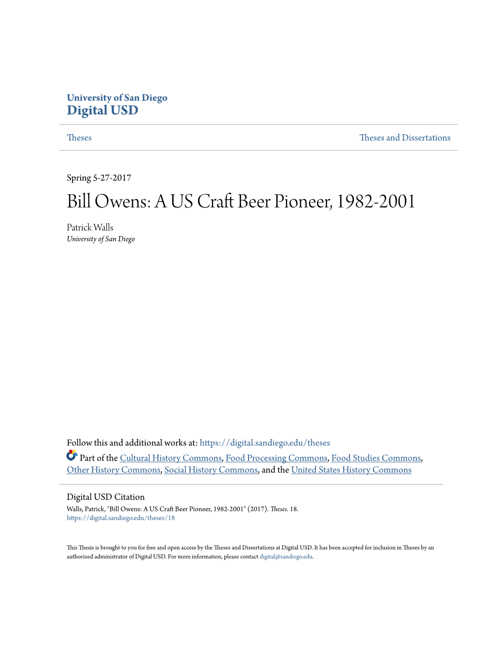 Bill Owens: a US Craft Beer Pioneer, 1982-2001 Patrick Walls University of San Diego