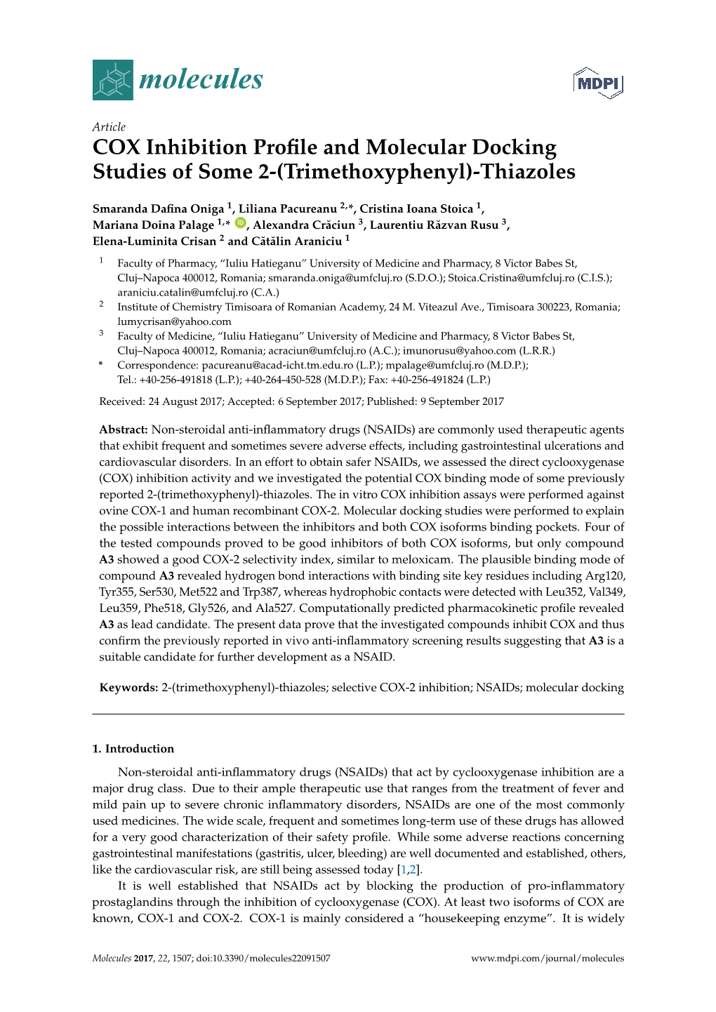 COX Inhibition Profile and Molecular Docking Studies of Some 2