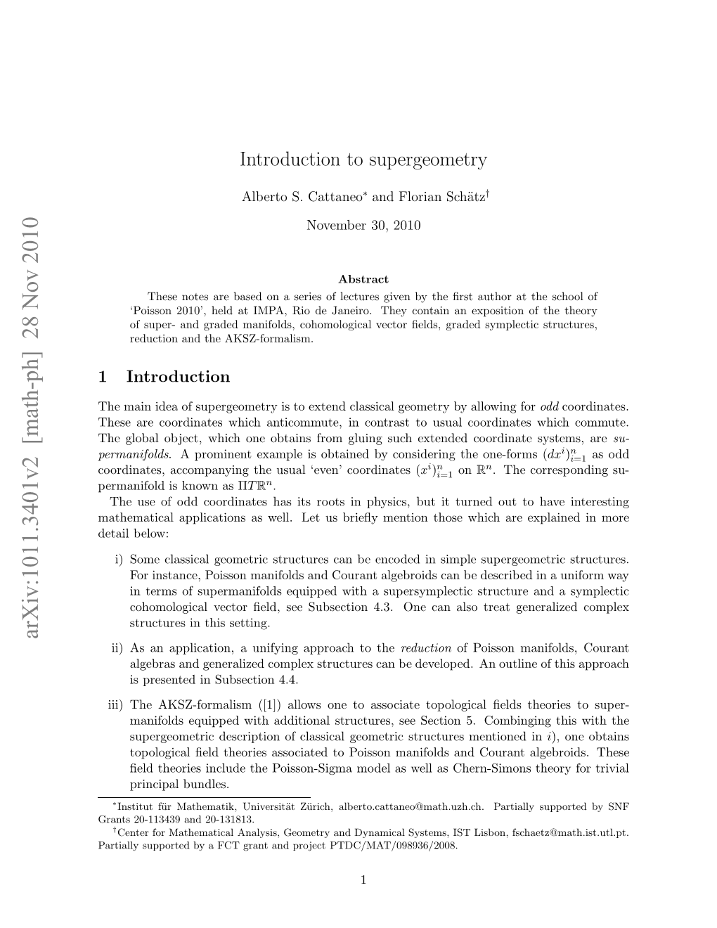 Arxiv:1011.3401V2 [Math-Ph] 28 Nov 2010 Atal Upre Yaftgatadpoetptdc/MAT/098 Project and Grant FCT a by Supported Partially Rns2-149Ad20-131813