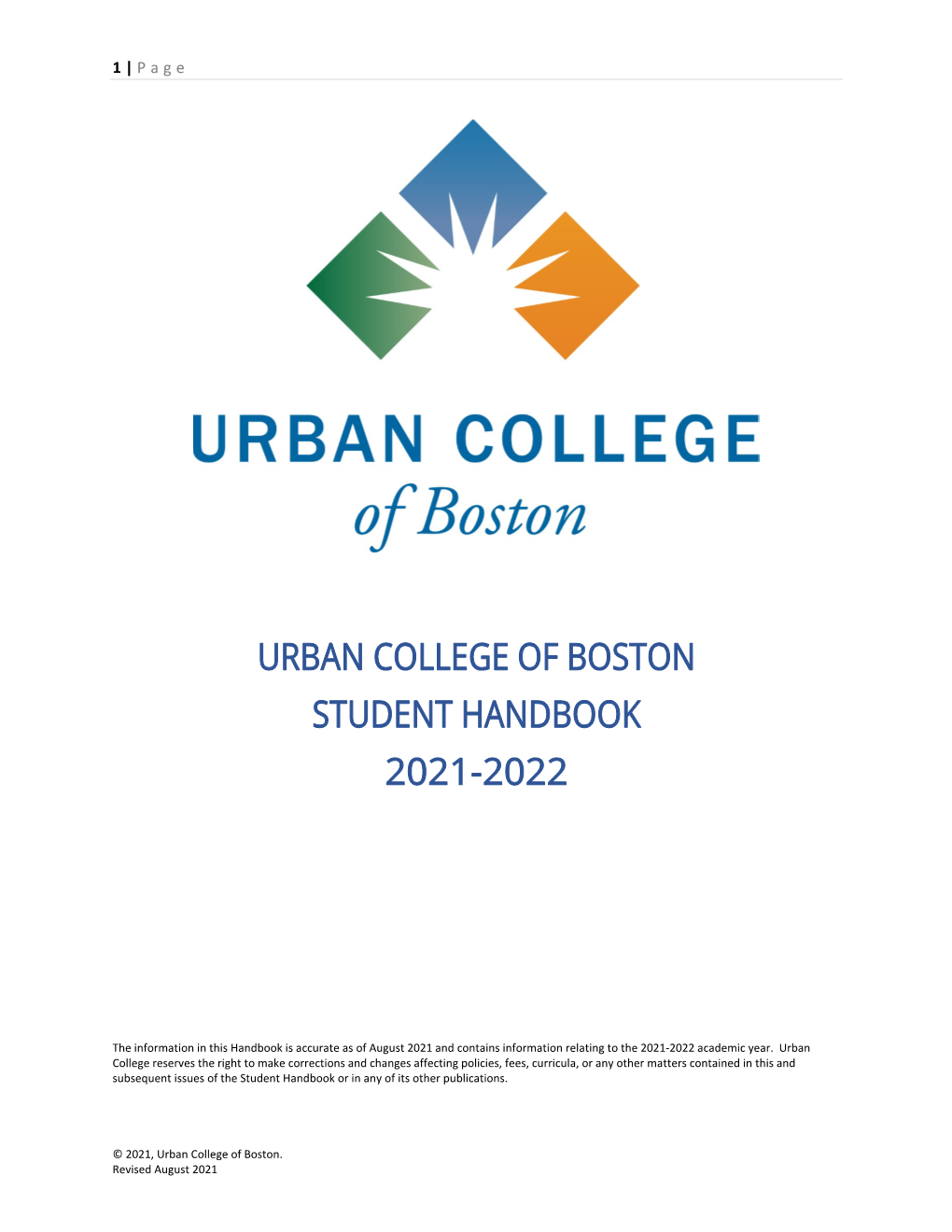 Urban College of Boston Student Handbook 2021-2022