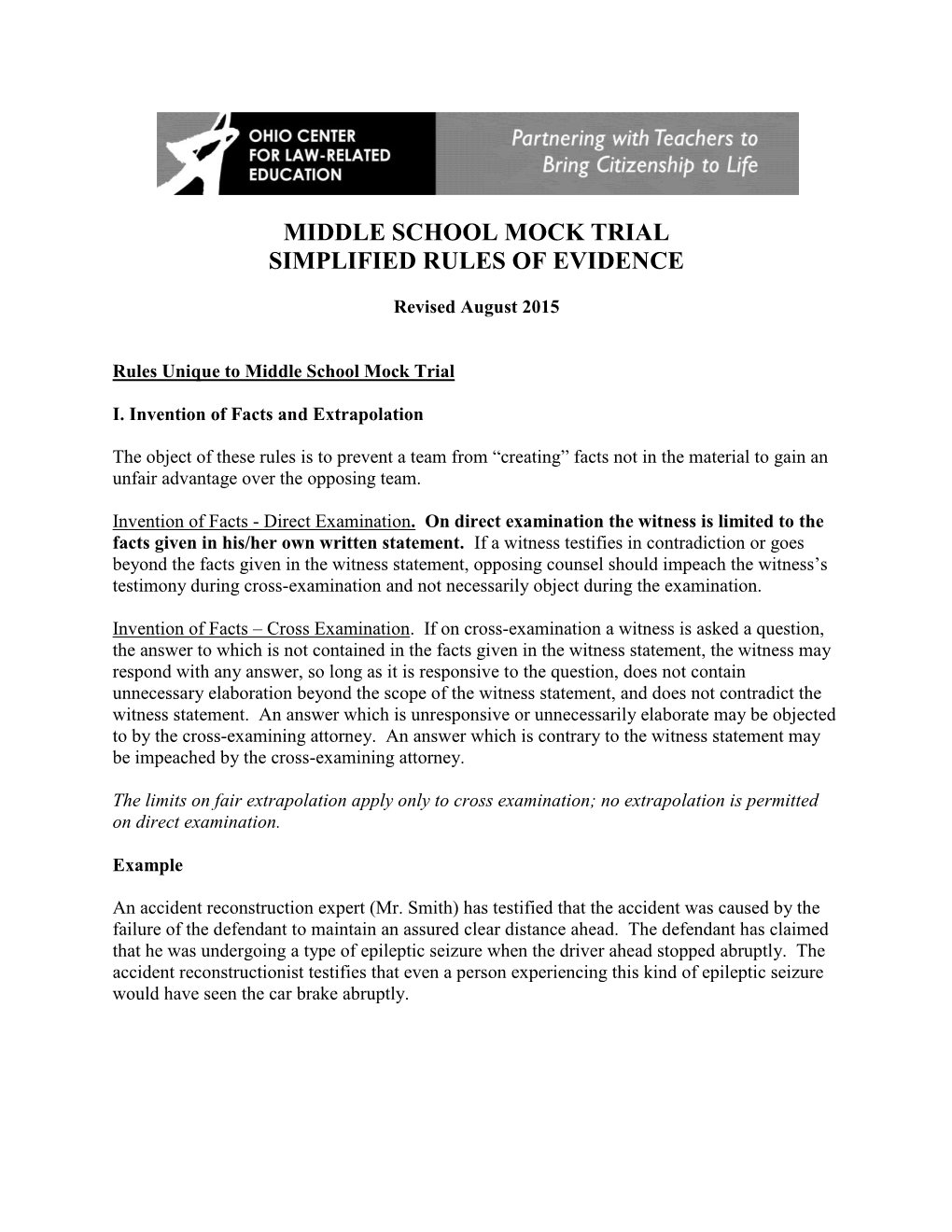 Middle School Mock Trial Simplified Rules of Evidence