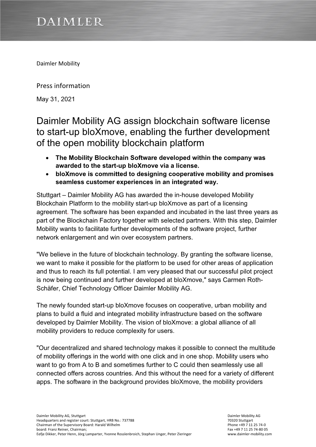 Daimler Mobility AG Assign Blockchain Software License to Start-Up Bloxmove, Enabling the Further Development of the Open Mobility Blockchain Platform