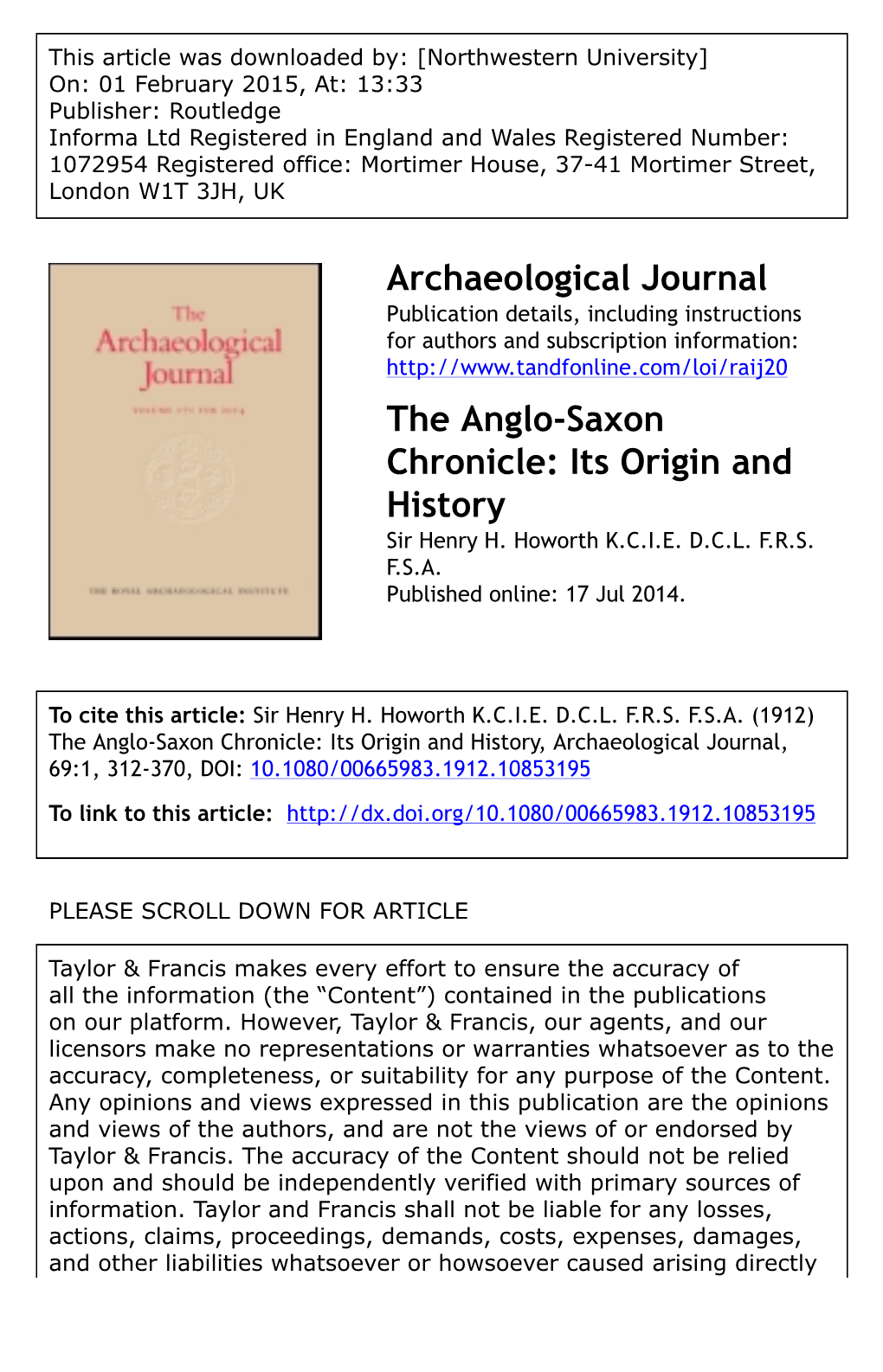 The Anglo-Saxon Chronicle: Its Origin and History Sir Henry H