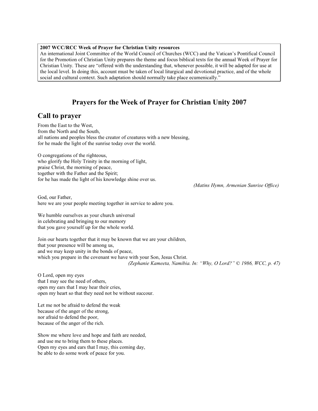 Additional Prayers for the Week of Prayer for Christian Unity 2007