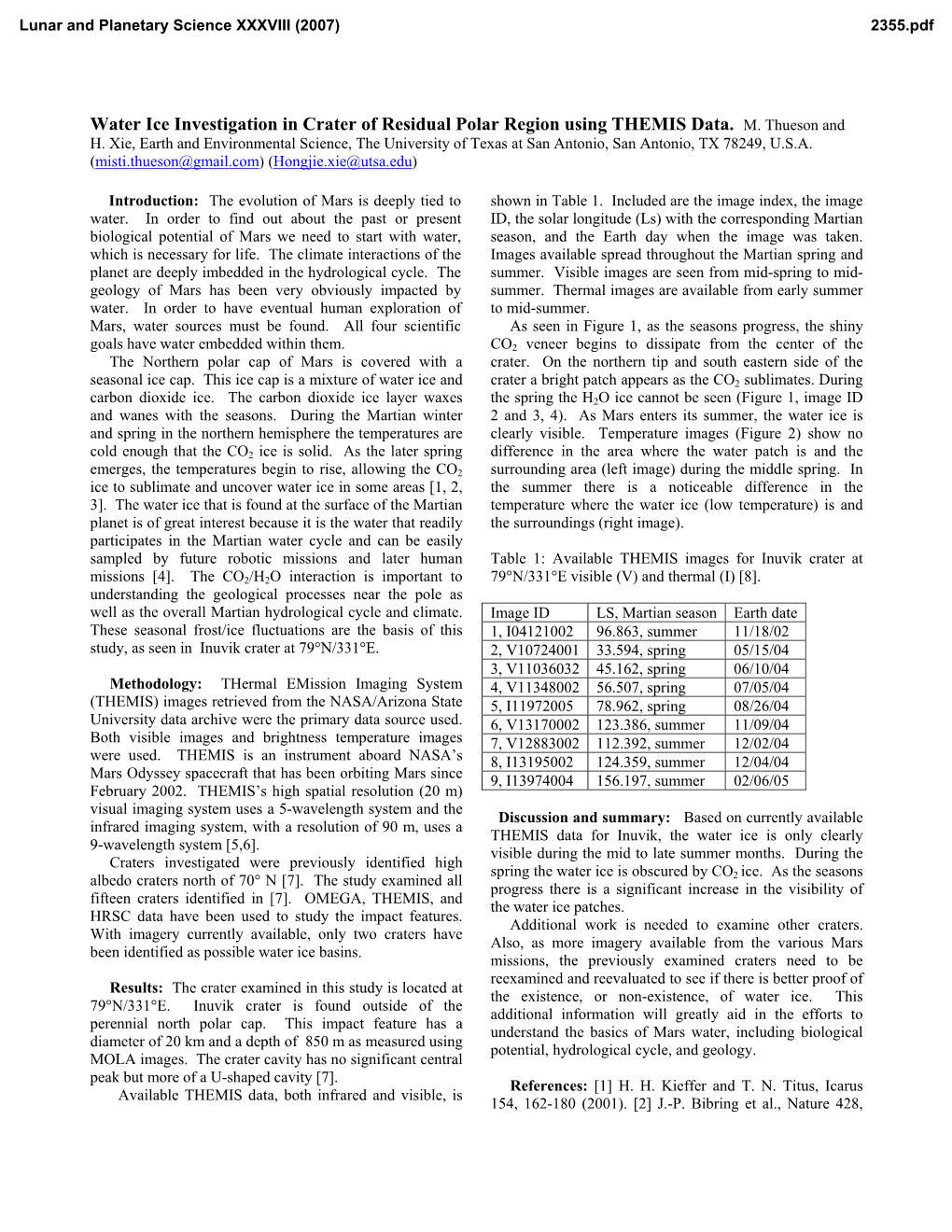 Water Ice Investigation in Crater of Residual Polar Region Using THEMIS Data