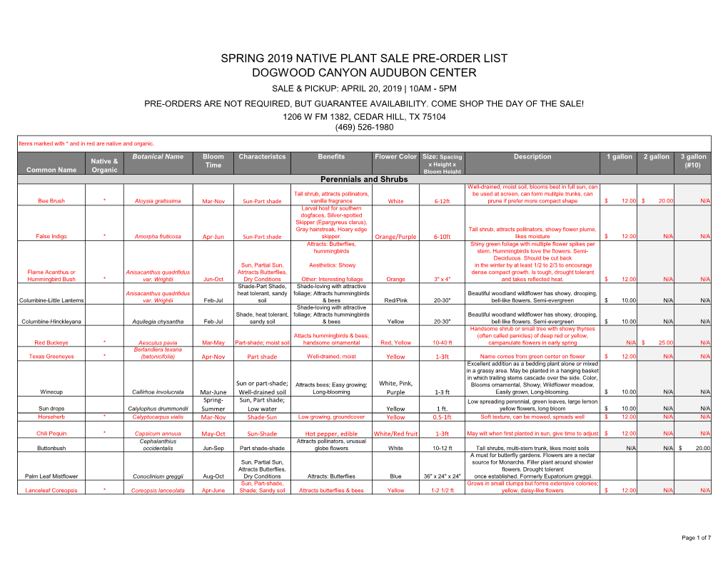 Spring 2019 Native Plant Sale Pre-Order List Dogwood Canyon