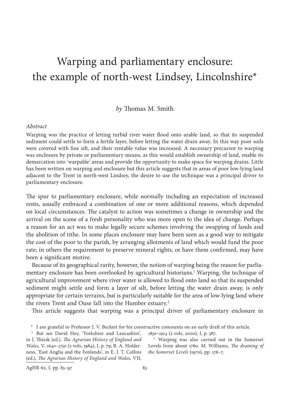 Warping and Parliamentary Enclosure: the Example of North-West Lindsey, Lincolnshire*
