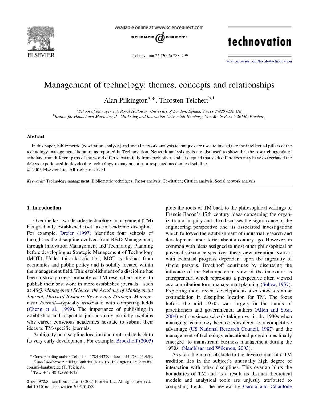 Management of Technology: Themes, Concepts and Relationships