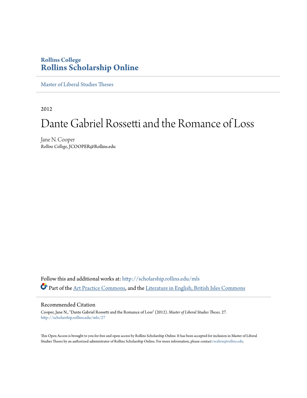 Dante Gabriel Rossetti and the Romance of Loss Jane N