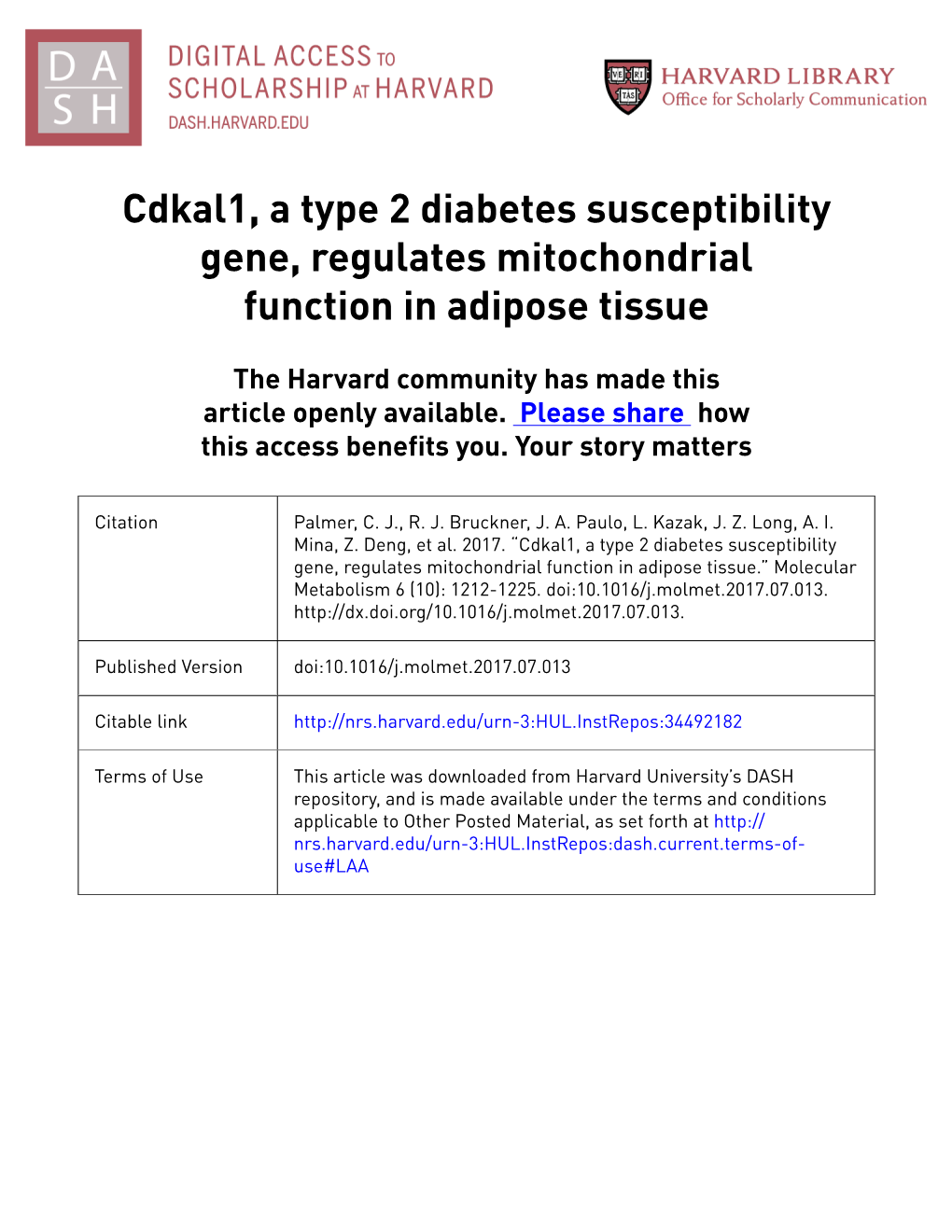 Cdkal1, a Type 2 Diabetes Susceptibility Gene, Regulates Mitochondrial Function in Adipose Tissue