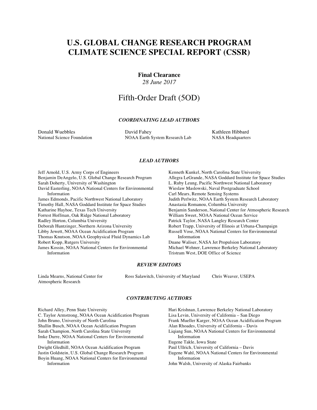 U.S. Global Change Research Program Climate Science Special Report (Cssr)