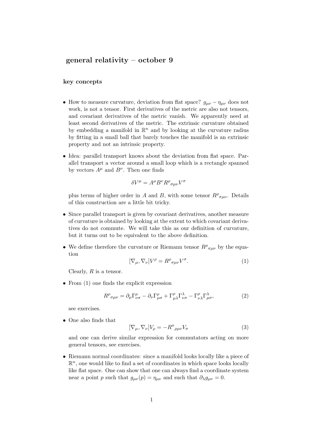 General Relativity – October 9 Key Concepts