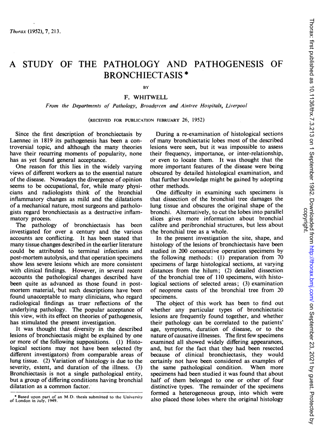 A Study of the Pathology and Pathogenesis of Bronchiectasis *