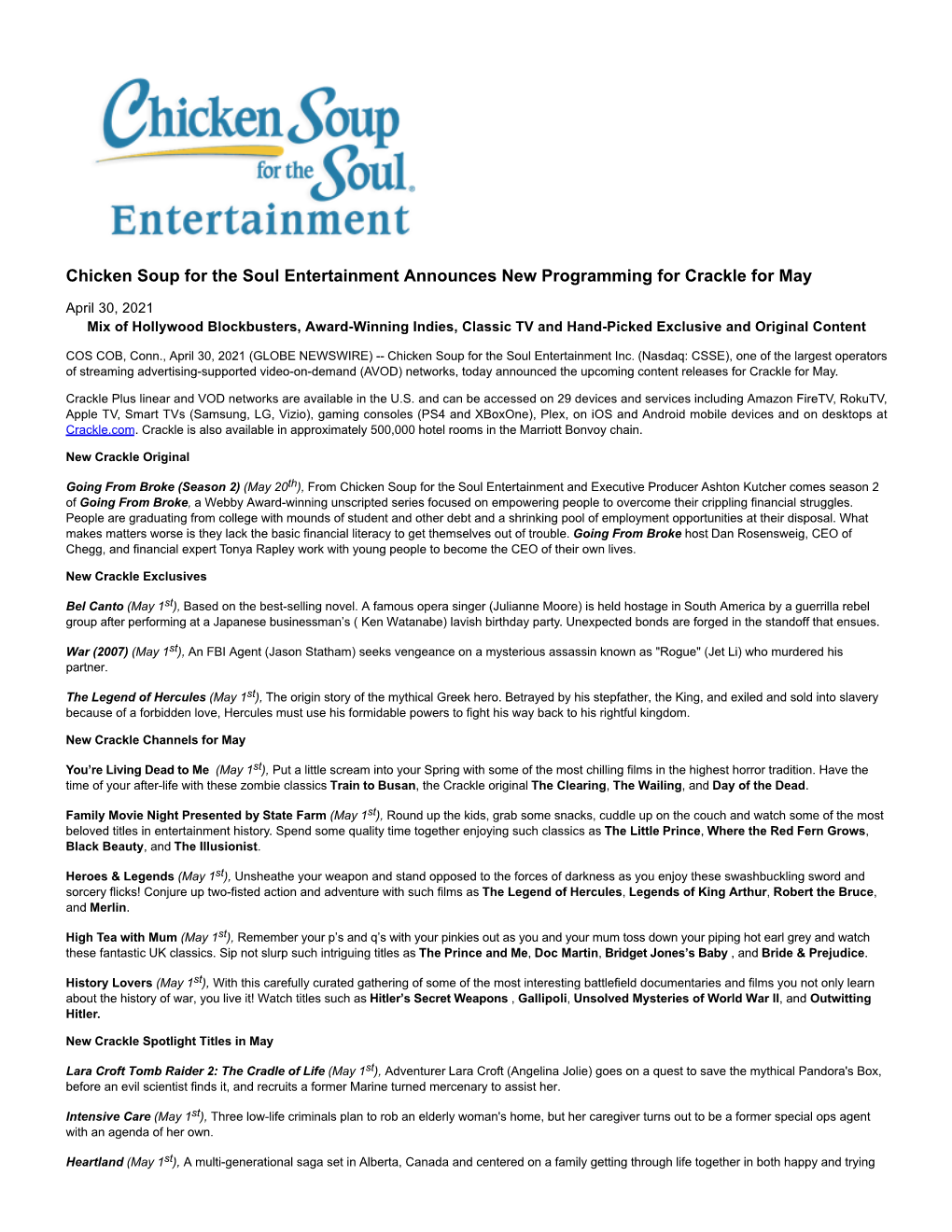 Chicken Soup for the Soul Entertainment Announces New Programming for Crackle for May