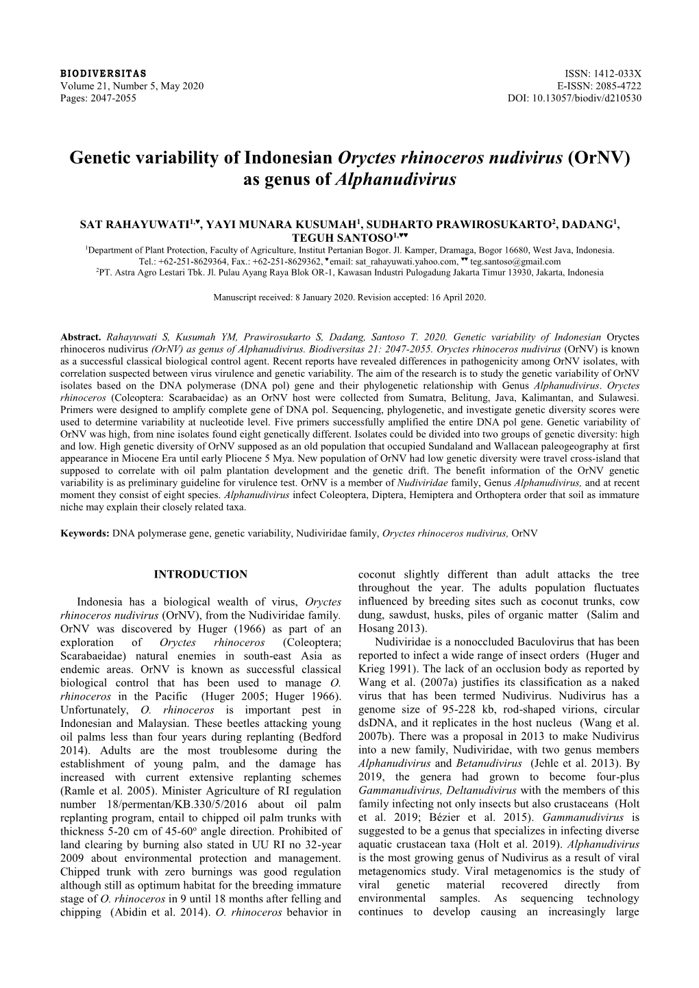 Genetic Variability of Indonesian Oryctes Rhinoceros Nudivirus (Ornv) As Genus of Alphanudivirus