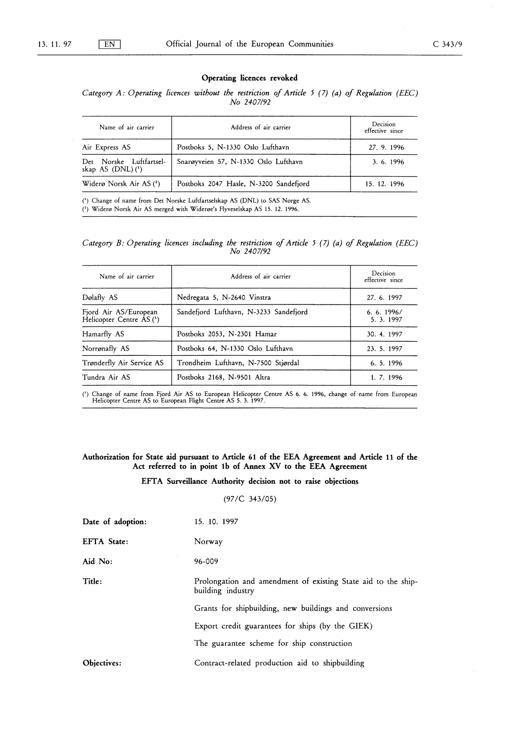 Operating Licences Without the Restriction Ofarticle 5