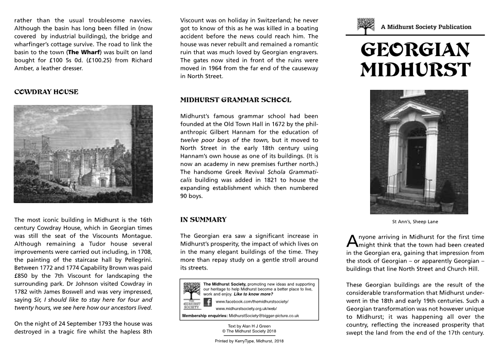 Georgian Midhurst Was a Market Town with Its the GEORGIAN REBUILDING TRANSPORT Economy Based Upon Agriculture, Leather Process - Ing, Malting and Weaving