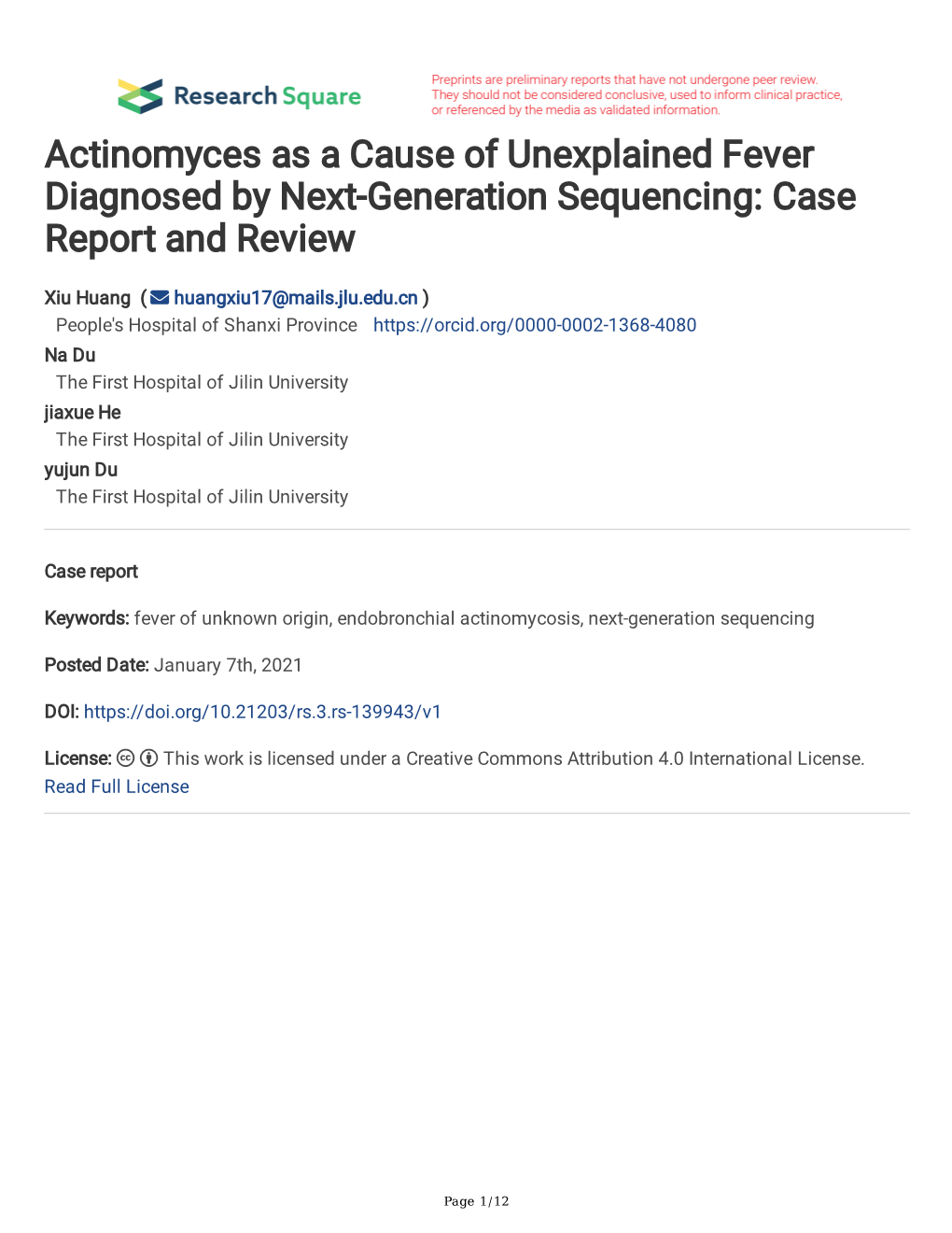 Actinomyces As a Cause of Unexplained Fever Diagnosed by Next-Generation Sequencing: Case Report and Review