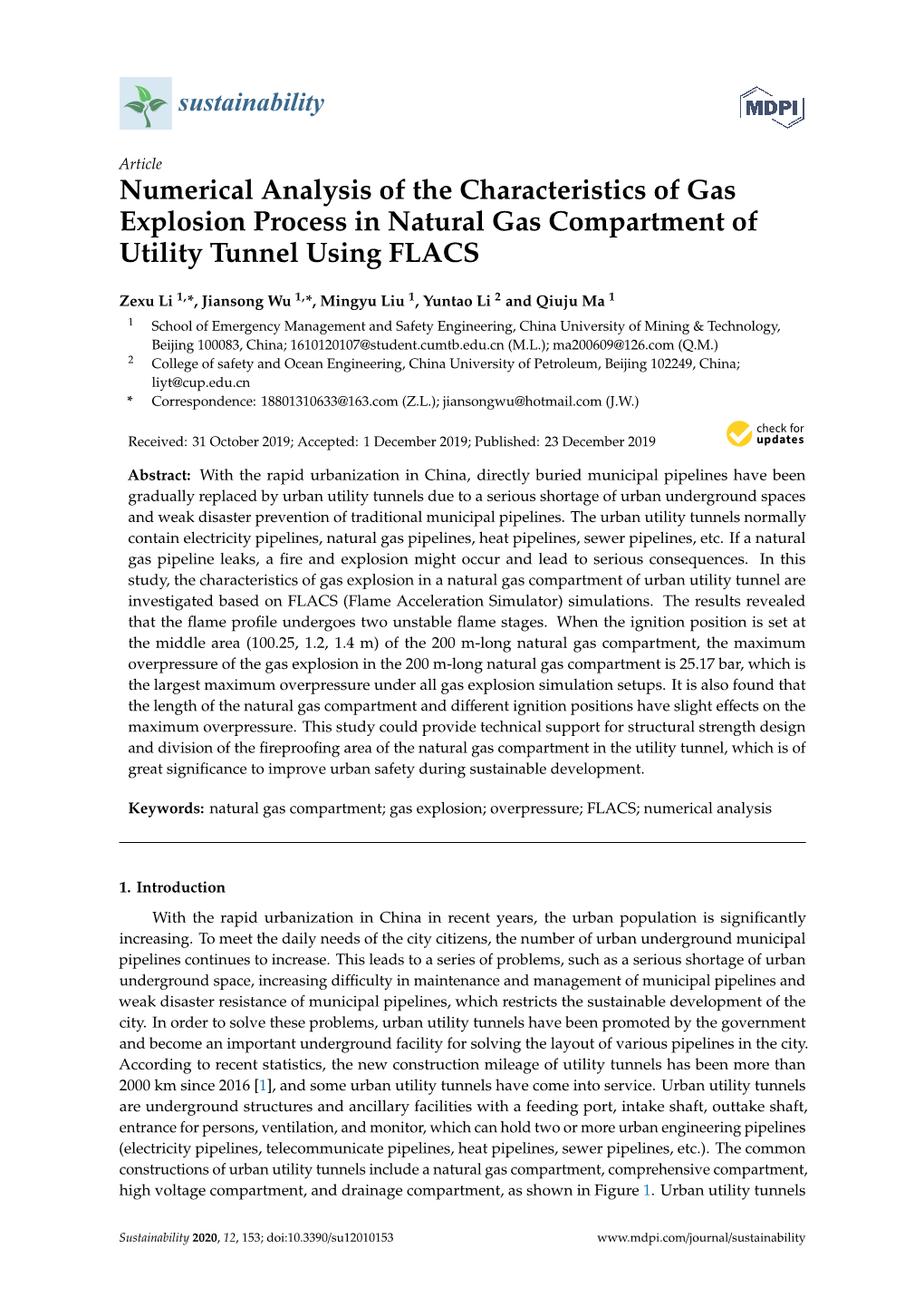 Numerical Analysis of the Characteristics of Gas Explosion Process in Natural Gas Compartment of Utility Tunnel Using FLACS