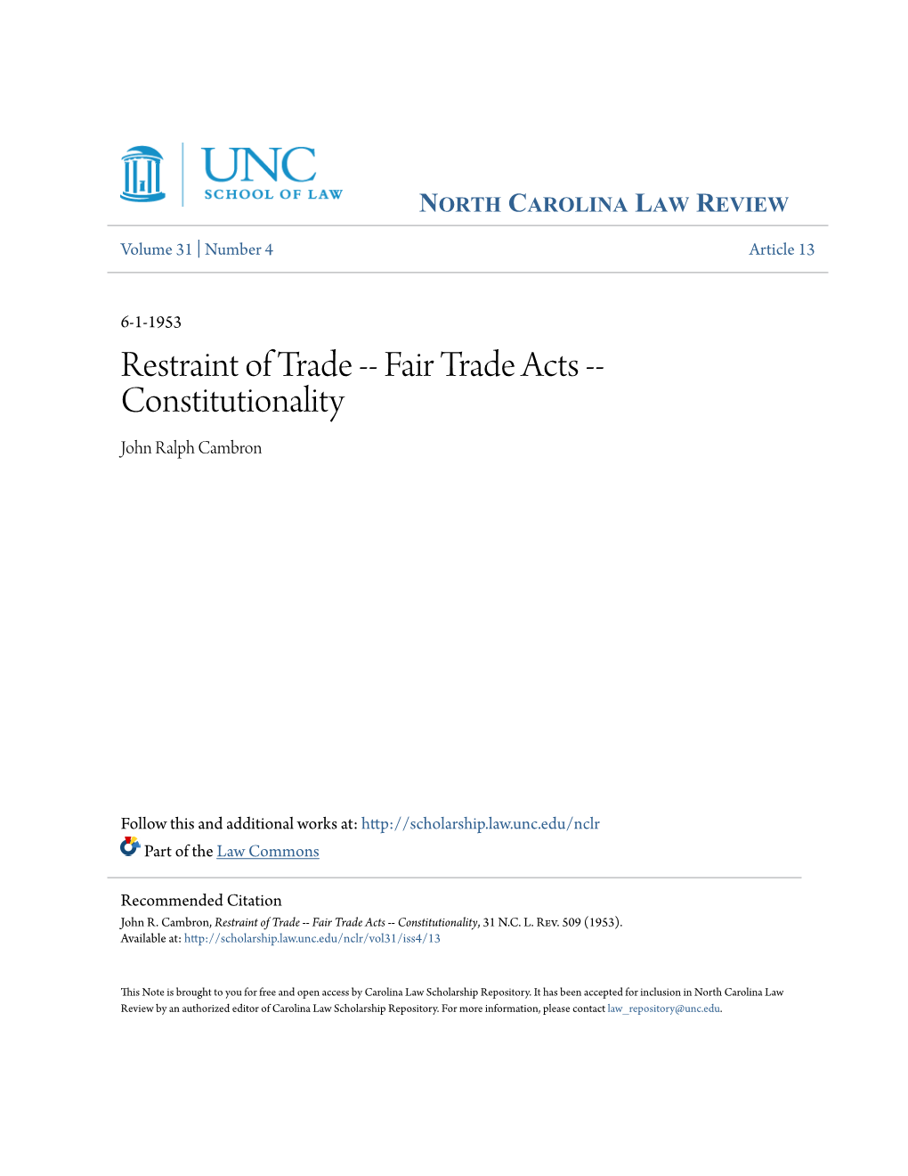 Restraint of Trade -- Fair Trade Acts -- Constitutionality John Ralph Cambron