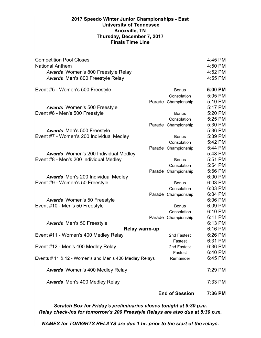 Competition Pool Closes 4:45 PM National Anthem 4:50 PM Awards Women's 800 Freestyle Relay 4:52 PM Awards Men's 800 Freestyle Relay 4:55 PM