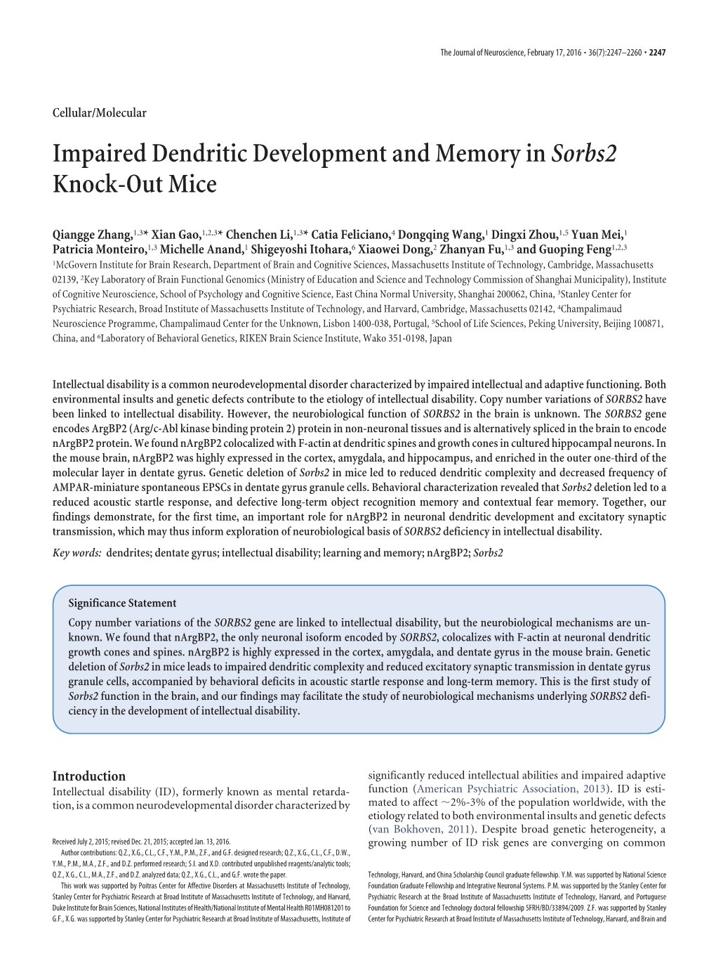 Impaired Dendritic Development and Memory in Sorbs2 Knock-Out Mice