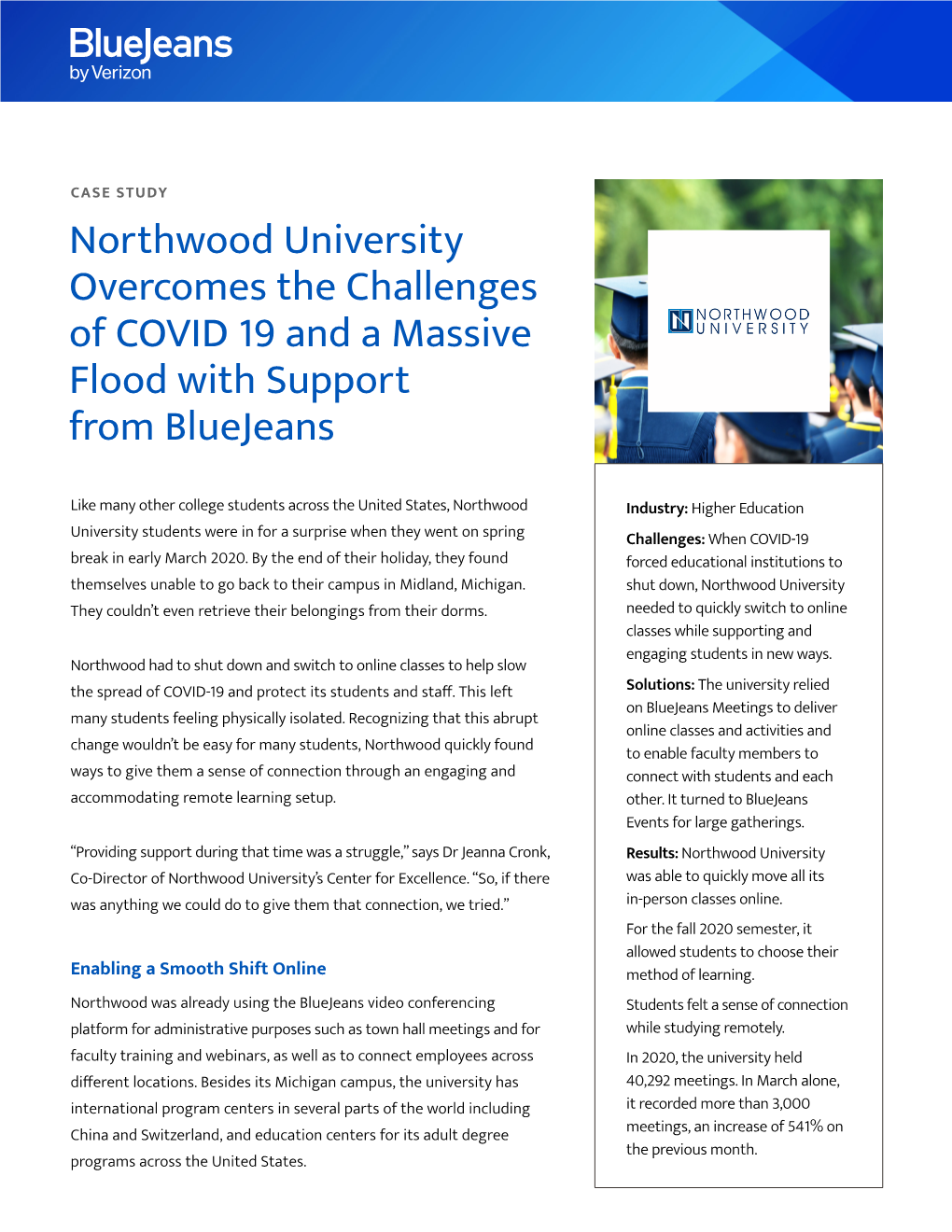 Northwood University Overcomes the Challenges of COVID 19 and a Massive Flood with Support from Bluejeans