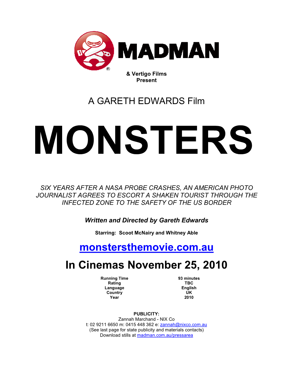 MONSTERS Madman Press Kit Sept 1010