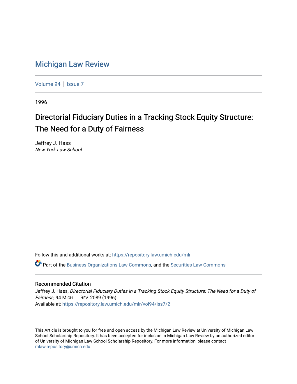 Directorial Fiduciary Duties in a Tracking Stock Equity Structure: the Need for a Duty of Fairness