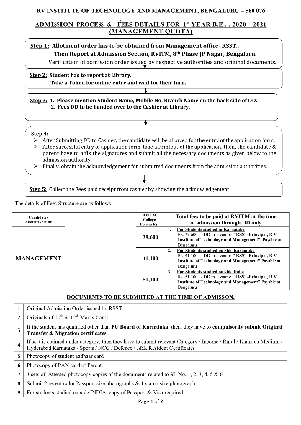 560 076 Admission Process & Fees Details for 1