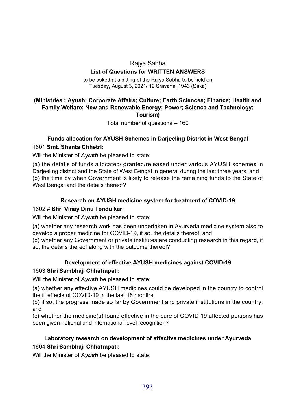 Rajya Sabha List of Questions for WRITTEN ANSWERS to Be Asked at a Sitting of the Rajya Sabha to Be Held on Tuesday, August 3, 2021/ 12 Sravana, 1943 (Saka)