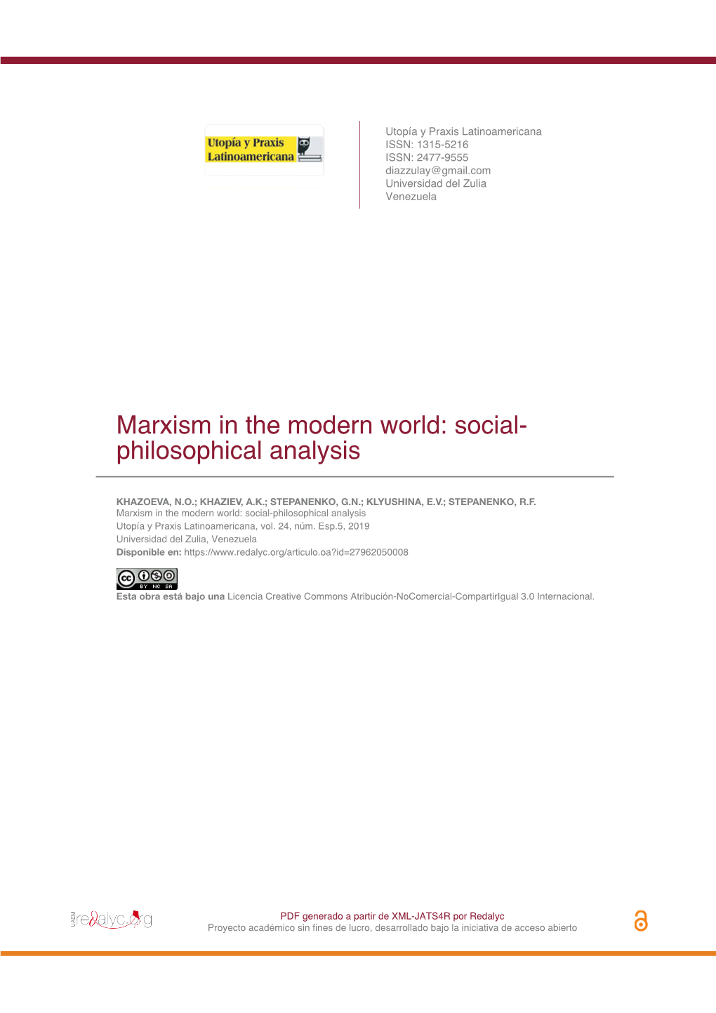 Marxism in the Modern World: Social-Philosophical Analysis Utopía Y Praxis Latinoamericana, Vol